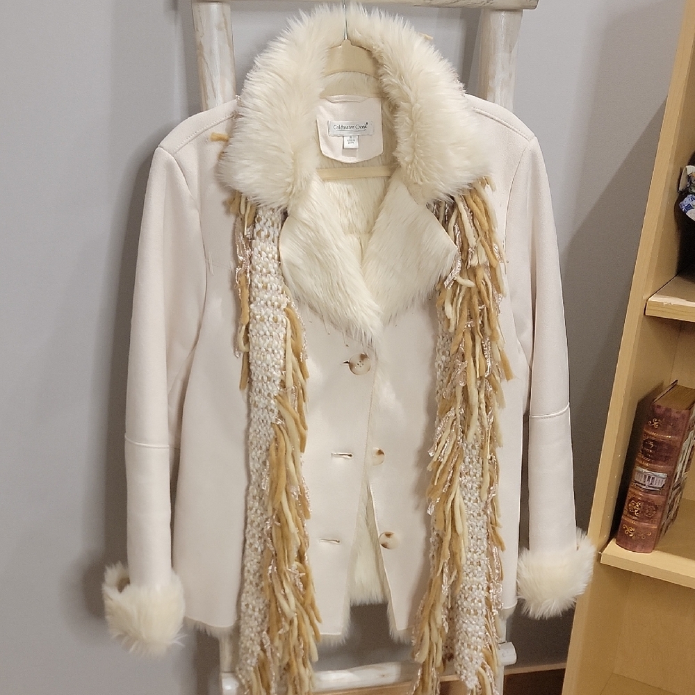 Coldwater creek Cream Teddy Jacket with Faux Fur Trim